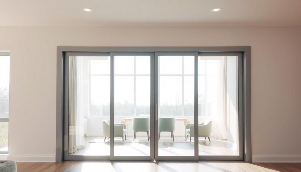 Sleek, modern glass sliding doors in a bright, airy living room. A minimalist metal frame in a muted tone holds two large, tempered glass panels. The glass reflects the natural light pouring in from tall windows, creating a sense of openness and airiness. The sliding mechanism operates smoothly, allowing the doors to glide effortlessly. The overall design is clean, sophisticated, and seamlessly integrated into the room's contemporary aesthetic. Soft, diffused lighting from recessed ceiling fixtures casts a warm glow, enhancing the transparency and elegance of the glass. The scene evokes a refined, elevated living experience.