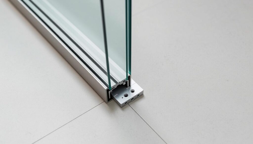 Technik höhe bodenführung: A sleek, modern sliding door system with a precision-engineered floor guide. Featuring a minimalist aluminum track in a polished silver finish, seamlessly integrated into the floor for a clean, flush appearance. The floor guide maintains smooth, silent operation, effortlessly supporting the weight of the door panel. Captured in a high-angle perspective, with soft, diffused lighting highlighting the engineering details and subtle textures. The scene exudes a sense of quality, functionality, and architectural elegance, fitting the "Technik & Maße" section of the article.