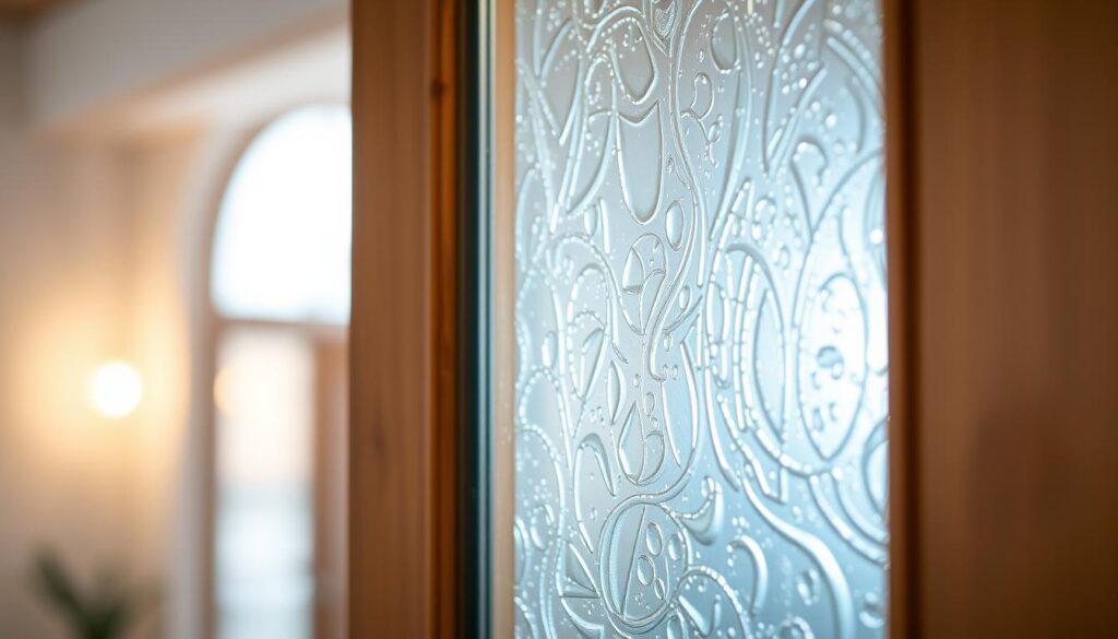 a crisp, well-lit close-up shot of a glass panel insert in a wooden door frame, showcasing the intricate details and textures of the glass. The glass pane should be the focal point, with a shallow depth of field that blurs the surrounding frame elements, emphasizing the translucent, luminous quality of the glass. The lighting should be soft and diffused, creating a warm, inviting atmosphere that highlights the craftsmanship and elegance of the glass panel. The overall composition should be balanced and visually striking, capturing the essence of a high-quality glass door solution for a residential interior.