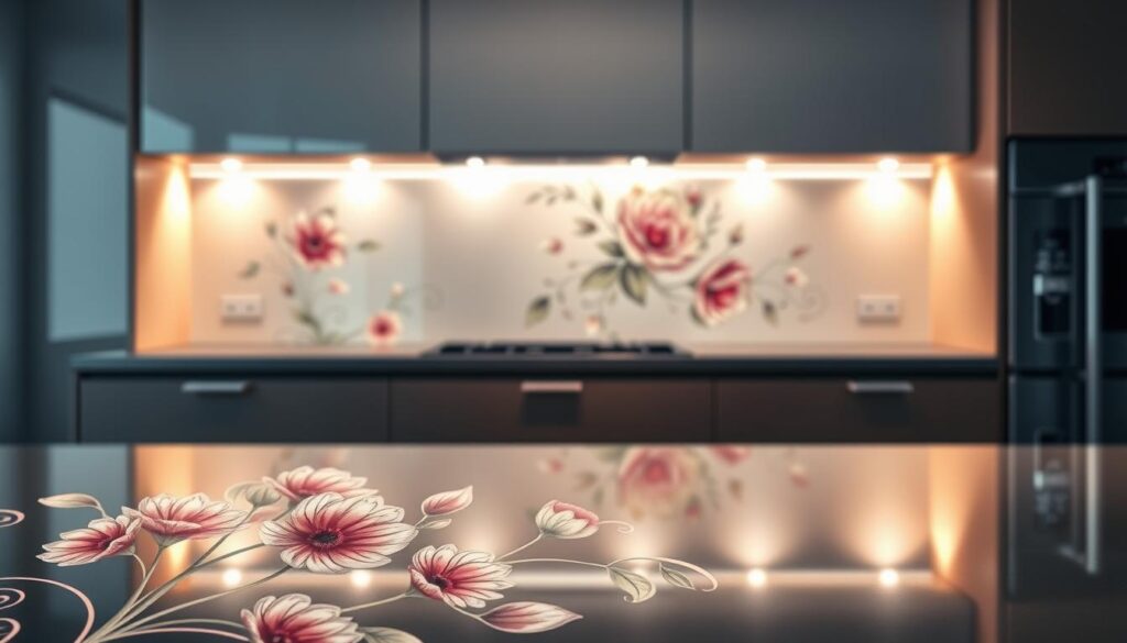 a detailed, photorealistic image of a glass splashback for a kitchen, showcasing a variety of elegant design motifs. The foreground features an intricate floral pattern with delicate petals and leaves, rendered in a vibrant, colorful palette. The middle ground depicts a sleek, frameless glass panel with a smooth, reflective surface. The background shows a minimalist kitchen setting, with modern, streamlined cabinets and appliances, bathed in warm, directional lighting that accentuates the glass's translucency and depth. The overall composition exudes a sense of sophistication, style, and high-quality craftsmanship, perfectly aligning with the "Designvielfalt: Motive, Farben und moderne Optik" section of the article.