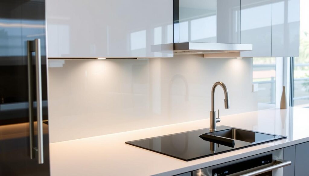 a kitchen glass backsplash, configured and customized in a sleek, modern design with a clean, minimalist aesthetic. The glass panel spans the entire width of the kitchen counter, creating a seamless, reflective surface that amplifies the natural light and adds a touch of elegance. The glass has a subtle, frosted or tinted finish that diffuses the light and creates a warm, inviting ambiance. The kitchen features modern, stainless steel appliances and fixtures, complementing the glass backsplash's sophisticated, high-end look. The overall composition highlights the versatility of customizable glass backsplashes in a contemporary kitchen setting.