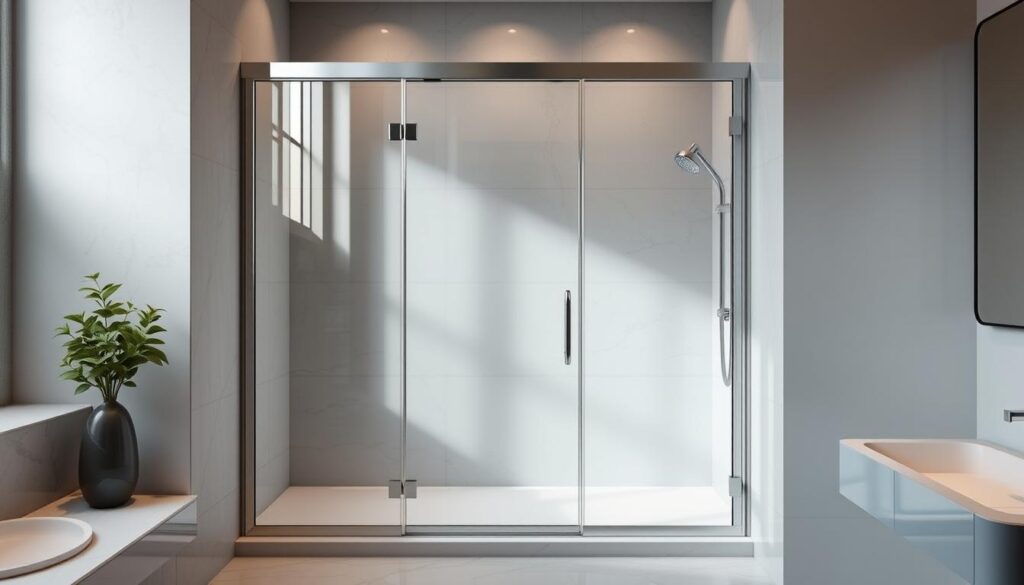 A 120x140cm, 3-panel, foldable shower glass screen, meticulously designed for the corner of a luxurious bathroom. The tempered glass panels, with a sleek, minimalist frame, seamlessly integrate into the space, creating an illusion of openness and elegance. Soft, diffused lighting gently illuminates the scene, highlighting the glass's transparency and the room's refined aesthetic. The camera captures the screen from a slightly elevated angle, showcasing its versatile configuration and the harmonious interplay between the glass, fixtures, and surrounding tiles or marble. An inviting, spa-like atmosphere pervades the scene, making it a visually compelling representation of a popular, customizable solution for the modern bathroom.