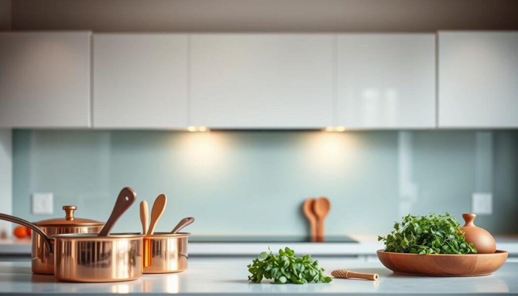A beautifully crafted, custom-fit glass splashback stands as the centerpiece of a modern, minimalist kitchen. Crisp, clean lines and a seamless, gapless installation create a sleek, contemporary aesthetic. Subtle ambient lighting casts a warm glow, accentuating the glass's smooth, reflective surface. In the foreground, a collection of stylish kitchenware - copper pots, wooden utensils, and fresh herbs - add pops of color and texture. The background fades into a soft, hazy blur, keeping the focus on the elegant, functional splashback. An airy, inviting atmosphere pervades the scene, inviting the viewer to imagine the creative culinary possibilities within this thoughtfully designed kitchen space. A beautifully crafted, custom-fit glass splashback stands as the centerpiece of a modern, minimalist kitchen. Crisp, clean lines and a seamless, gapless installation create a sleek, contemporary aesthetic. Subtle ambient lighting casts a warm glow, accentuating the glass's smooth, reflective surface. In the foreground, a collection of stylish kitchenware - copper pots, wooden utensils, and fresh herbs - add pops of color and texture. The background fades into a soft, hazy blur, keeping the focus on the elegant, functional splashback. An airy, inviting atmosphere pervades the scene, inviting the viewer to imagine the creative culinary possibilities within this thoughtfully designed kitchen space.