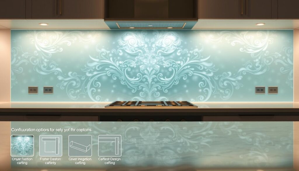A beautifully crafted glass backsplash, meticulously customized to fit the kitchen's dimensions. The surface gleams under the warm, soft lighting, casting a serene, ambient glow. Intricate patterns and subtle hues dance across the reflective panel, creating a mesmerizing visual centerpiece. In the foreground, various configuration options are displayed, allowing the user to seamlessly tailor the design to their unique specifications. The middle ground showcases the backsplash's seamless integration with the surrounding cabinetry and countertops, blending harmoniously. The background hints at a modern, minimalist kitchen setting, emphasizing the backsplash's role as a focal point. An exquisite, bespoke solution that elevates the kitchen's aesthetic and functionality.