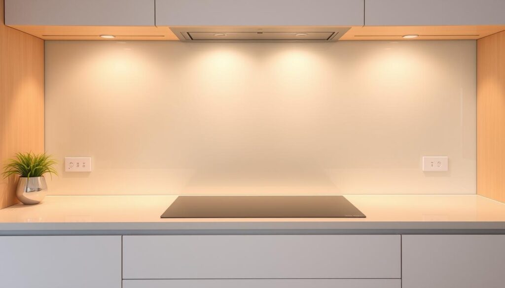 A beautifully crafted glass splashback in a modern kitchen, exuding a sleek and minimalist aesthetic. The glass surface reflects the warm, diffused lighting, creating a soft, inviting ambiance. The edges are seamlessly integrated, blending perfectly with the surrounding countertop and cabinetry. The glass panel is free of any visible seams or joints, offering a seamless, uninterrupted visual experience. The material's translucent quality allows natural light to filter through, enhancing the overall sense of openness and spaciousness. The splashback effortlessly complements the kitchen's contemporary design, showcasing the perfect balance of form and function. A beautifully crafted glass splashback in a modern kitchen, exuding a sleek and minimalist aesthetic. The glass surface reflects the warm, diffused lighting, creating a soft, inviting ambiance. The edges are seamlessly integrated, blending perfectly with the surrounding countertop and cabinetry. The glass panel is free of any visible seams or joints, offering a seamless, uninterrupted visual experience. The material's translucent quality allows natural light to filter through, enhancing the overall sense of openness and spaciousness. The splashback effortlessly complements the kitchen's contemporary design, showcasing the perfect balance of form and function.