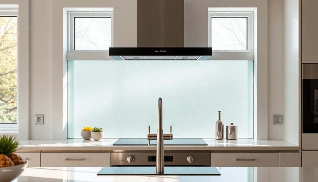 A beautifully crafted glass splashback takes center stage in a bright, airy kitchen. The glass surface reflects the natural light streaming in through large windows, creating a warm, inviting atmosphere. Elegantly framed by sleek, modern cabinetry in a soothing neutral palette, the splashback acts as a seamless, practical barrier against grease and water spatters, protecting the walls from damage. Its smooth, glossy finish effortlessly blends form and function, elevating the overall aesthetic of the space. Subtle, textural details in the glass add depth and visual interest, complementing the polished chrome faucet and appliances. A sense of refinement and sophistication pervades the scene, showcasing how a simple glass splashback can transform a kitchen into a beautiful, highly functional environment.