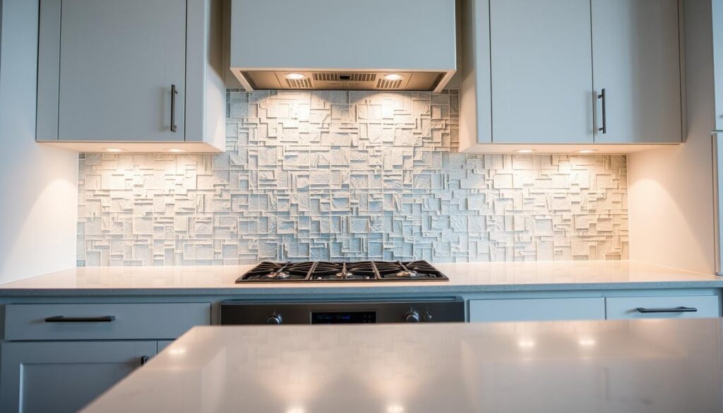 A beautifully crafted kitchen backsplash project showcasing intricate glass tiles in a modern, minimalist design. The backsplash spans the entirety of the kitchen wall, creating a seamless, gallery-like display. Soft, diffused lighting from above accentuates the subtle variations in the glass, casting a warm, inviting glow throughout the space. The backsplash is the centerpiece, framed by sleek, white cabinetry and a pristine quartz countertop. The scene is captured from a low, slightly angled perspective, emphasizing the thoughtful craftsmanship and attention to detail that went into this custom, one-of-a-kind project.