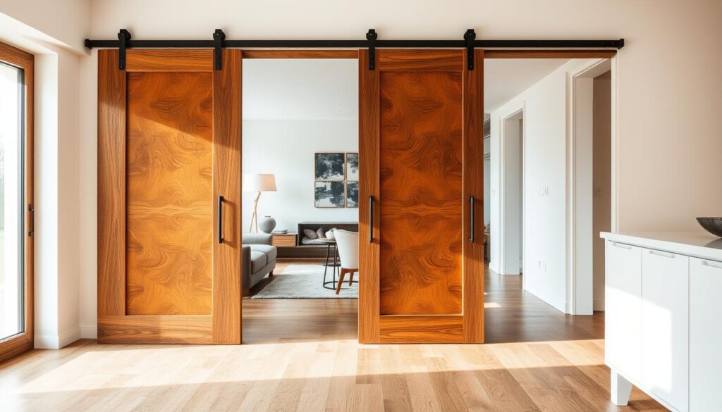 A beautifully crafted wooden sliding door dominates the frame, its rich grains and intricate patterns reflecting the warm lighting of the room. The door glides effortlessly on its sleek metal tracks, seamlessly blending form and function. In the background, a minimalist interior design scheme complements the natural elegance of the wood, creating a harmonious and inviting atmosphere. The scene conveys a sense of timeless sophistication, where the bespoke craftsmanship of the "Holzschiebetüren" takes center stage, tailored to the homeowner's unique style and needs. A beautifully crafted wooden sliding door dominates the frame, its rich grains and intricate patterns reflecting the warm lighting of the room. The door glides effortlessly on its sleek metal tracks, seamlessly blending form and function. In the background, a minimalist interior design scheme complements the natural elegance of the wood, creating a harmonious and inviting atmosphere. The scene conveys a sense of timeless sophistication, where the bespoke craftsmanship of the "Holzschiebetüren" takes center stage, tailored to the homeowner's unique style and needs.