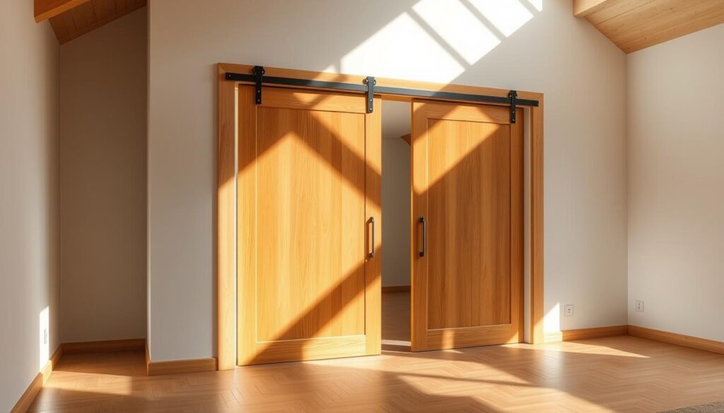 A beautifully crafted wooden sliding door in a warm, natural finish stands elegantly in a spacious, sun-drenched room. Precise, custom-made measurements ensure a seamless, flush fit within the architectural frame. Smooth, effortless motion is facilitated by a meticulously engineered track system, allowing the door to glide open and closed with ease. Subdued, ambient lighting accentuates the rich wood grain, casting a cozy, inviting glow throughout the space. The door's minimalist, modern design complements the room's clean, minimalist aesthetic, creating a harmonious, harmonious visual balance. A stunning, bespoke solution that elevates the overall living experience. A beautifully crafted wooden sliding door in a warm, natural finish stands elegantly in a spacious, sun-drenched room. Precise, custom-made measurements ensure a seamless, flush fit within the architectural frame. Smooth, effortless motion is facilitated by a meticulously engineered track system, allowing the door to glide open and closed with ease. Subdued, ambient lighting accentuates the rich wood grain, casting a cozy, inviting glow throughout the space. The door's minimalist, modern design complements the room's clean, minimalist aesthetic, creating a harmonious, harmonious visual balance. A stunning, bespoke solution that elevates the overall living experience.