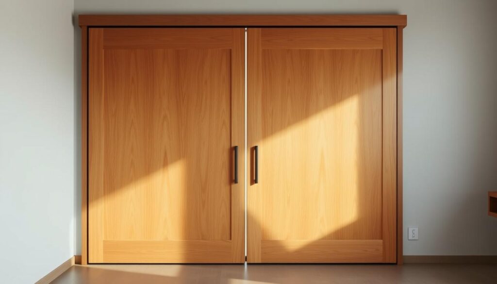 A beautifully crafted wooden sliding door, its smooth surface polished to a warm, inviting glow. The grain of the wood is accentuated by soft, natural lighting filtering in from a large window, casting gentle shadows and highlights across the door's surface. The door is set in a minimalist, Scandinavian-inspired interior, with clean lines and muted tones that allow the wood to take center stage. The door glides effortlessly on its track, its mechanism hidden from view, creating a seamless, uninterrupted visual experience. The overall atmosphere is one of simplicity, elegance, and a celebration of the natural beauty of the material. A beautifully crafted wooden sliding door, its smooth surface polished to a warm, inviting glow. The grain of the wood is accentuated by soft, natural lighting filtering in from a large window, casting gentle shadows and highlights across the door's surface. The door is set in a minimalist, Scandinavian-inspired interior, with clean lines and muted tones that allow the wood to take center stage. The door glides effortlessly on its track, its mechanism hidden from view, creating a seamless, uninterrupted visual experience. The overall atmosphere is one of simplicity, elegance, and a celebration of the natural beauty of the material.