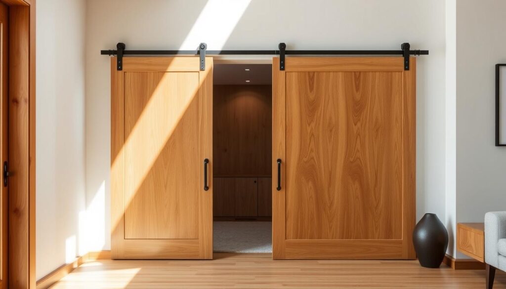 A beautifully crafted wooden sliding door, its surface gleaming with a warm, natural finish. The door stands tall and elegant, seamlessly integrated into the architectural details of the room. Sunlight filters in, casting a soft, ambient glow and highlighting the intricacies of the wood grain. The door glides effortlessly on its sturdy track, offering a practical and space-saving solution that blends seamlessly with the timeless, minimalist aesthetic of the interior. The design is both functional and visually captivating, perfectly embodying the timeless elegance of wood as a building material. A beautifully crafted wooden sliding door, its surface gleaming with a warm, natural finish. The door stands tall and elegant, seamlessly integrated into the architectural details of the room. Sunlight filters in, casting a soft, ambient glow and highlighting the intricacies of the wood grain. The door glides effortlessly on its sturdy track, offering a practical and space-saving solution that blends seamlessly with the timeless, minimalist aesthetic of the interior. The design is both functional and visually captivating, perfectly embodying the timeless elegance of wood as a building material.