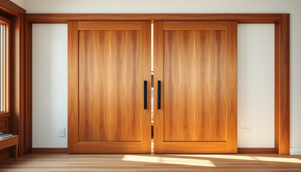 A beautifully crafted wooden sliding door stands tall, its smooth, rich grain shimmering in the soft, warm light. The door is elegantly framed, with clean lines and a minimalist design that seamlessly blends into the surrounding interior. The scene exudes a sense of timeless sophistication, with the door serving as a functional yet visually striking focal point. In the background, a cozy, well-appointed room comes into view, its neutral tones and natural textures creating a harmonious and inviting atmosphere. The image captures the essence of a custom-made, high-quality wooden sliding door that effortlessly complements a variety of interior styles. A beautifully crafted wooden sliding door stands tall, its smooth, rich grain shimmering in the soft, warm light. The door is elegantly framed, with clean lines and a minimalist design that seamlessly blends into the surrounding interior. The scene exudes a sense of timeless sophistication, with the door serving as a functional yet visually striking focal point. In the background, a cozy, well-appointed room comes into view, its neutral tones and natural textures creating a harmonious and inviting atmosphere. The image captures the essence of a custom-made, high-quality wooden sliding door that effortlessly complements a variety of interior styles.