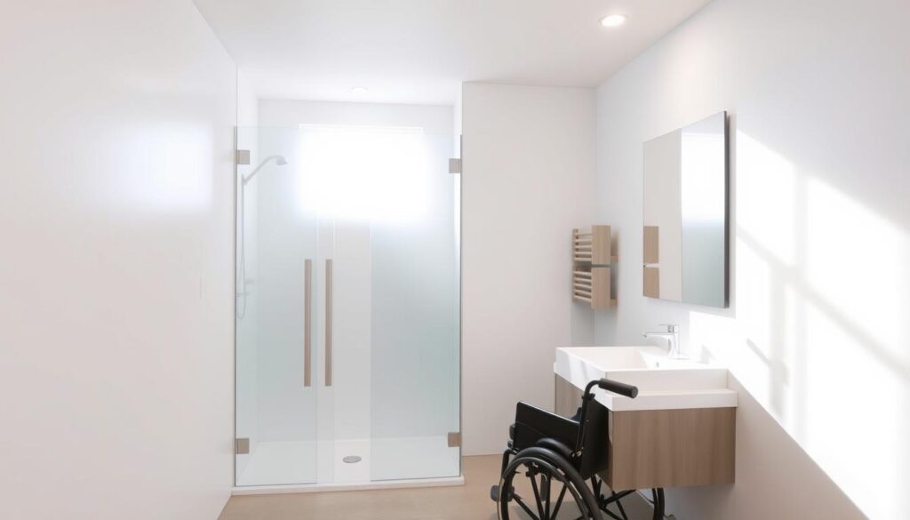 A bright, airy bathroom interior with an accessible, step-free shower enclosure made of translucent frosted glass panels. The shower has a wide, open entrance with a low threshold, allowing easy wheelchair access. A modern, minimalist vanity unit and sink are positioned nearby, providing ample space for maneuvering. Soft, diffused lighting from recessed ceiling fixtures illuminates the scene, creating a calming, relaxing atmosphere. The overall design prioritizes functionality and inclusivity, catering to the needs of individuals with mobility challenges while maintaining an elegant, contemporary aesthetic. A bright, airy bathroom interior with an accessible, step-free shower enclosure made of translucent frosted glass panels. The shower has a wide, open entrance with a low threshold, allowing easy wheelchair access. A modern, minimalist vanity unit and sink are positioned nearby, providing ample space for maneuvering. Soft, diffused lighting from recessed ceiling fixtures illuminates the scene, creating a calming, relaxing atmosphere. The overall design prioritizes functionality and inclusivity, catering to the needs of individuals with mobility challenges while maintaining an elegant, contemporary aesthetic.