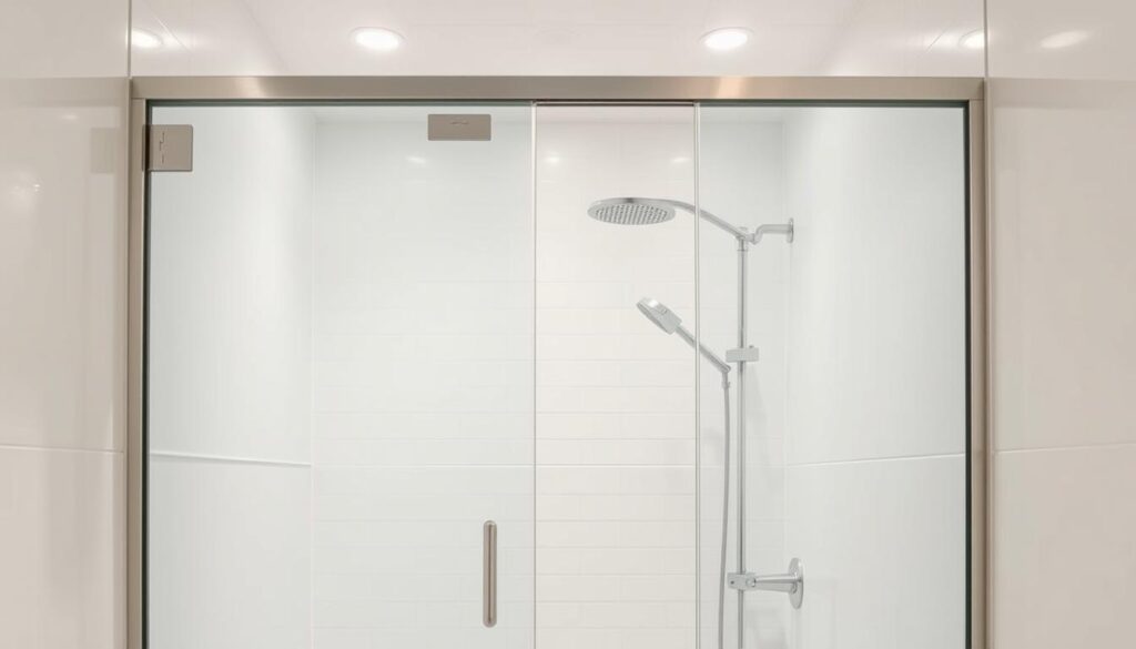 A bright, airy bathroom with a sleek, frameless glass shower door that appears to expand the space visually. The door's clean, minimalist design creates an illusion of openness, making the small bathroom feel larger and more inviting. Soft, indirect lighting from recessed fixtures above casts a warm, calming glow, enhancing the sense of spaciousness. The smooth, reflective surface of the glass door blends seamlessly with the tiled walls, creating a cohesive, visually harmonious environment. The overall composition conveys a modern, spa-like atmosphere that accentuates the user's sense of comfort and freedom of movement within the limited square footage.