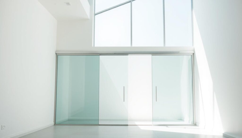 A bright, airy interior space with a sleek, modern glass sliding door taking center stage. The door's frameless glass panels glide effortlessly along a discreet track system, allowing natural light to flood the room. The door's clean lines and seamless integration with the surrounding walls create a sense of openness and visual harmony. The high-quality materials, such as tempered glass and durable hardware, convey a premium, sophisticated aesthetic. Soft, diffused lighting from overhead fixtures accentuates the transparency and reflective properties of the glass. The sliding door's functionality seamlessly blends with the room's elegant design, offering a practical and visually striking solution for maximizing space and illumination.
