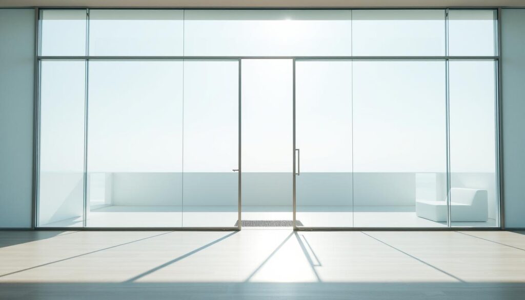 A bright, airy interior with expansive glass doors flooding the room with natural light. The sleek, frameless glass panels stretch from floor to ceiling, seamlessly blending indoor and outdoor spaces. Soft, diffused illumination highlights the crystal-clear transparency, creating an illusion of boundless openness. The glass surface reflects the surrounding environment, creating a sense of depth and visual intrigue. Minimal hardware accents the modern, minimalist aesthetic, drawing the eye towards the captivating interplay of light, transparency, and open space. A tranquil, serene atmosphere invites relaxation and contemplation, making these glass doors the perfect choice for a bright, luminous living area. A bright, airy interior with expansive glass doors flooding the room with natural light. The sleek, frameless glass panels stretch from floor to ceiling, seamlessly blending indoor and outdoor spaces. Soft, diffused illumination highlights the crystal-clear transparency, creating an illusion of boundless openness. The glass surface reflects the surrounding environment, creating a sense of depth and visual intrigue. Minimal hardware accents the modern, minimalist aesthetic, drawing the eye towards the captivating interplay of light, transparency, and open space. A tranquil, serene atmosphere invites relaxation and contemplation, making these glass doors the perfect choice for a bright, luminous living area.