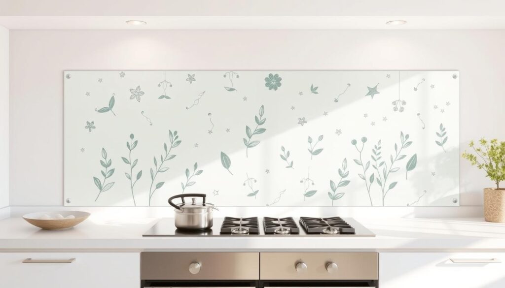 A bright, airy kitchen scene with a large glass splash guard mounted on the wall. The glass surface features a variety of nature-inspired motifs, including delicate floral patterns, abstract leaf designs, and subtle geometric shapes. The lighting is soft and diffused, accentuating the translucent quality of the glass. The overall aesthetic is modern and minimalist, with clean lines and a neutral color palette that complements the kitchen's decor. The splash guard is the focal point, showcasing the wide range of customizable designs available to suit the homeowner's personal style and the kitchen's existing aesthetics.