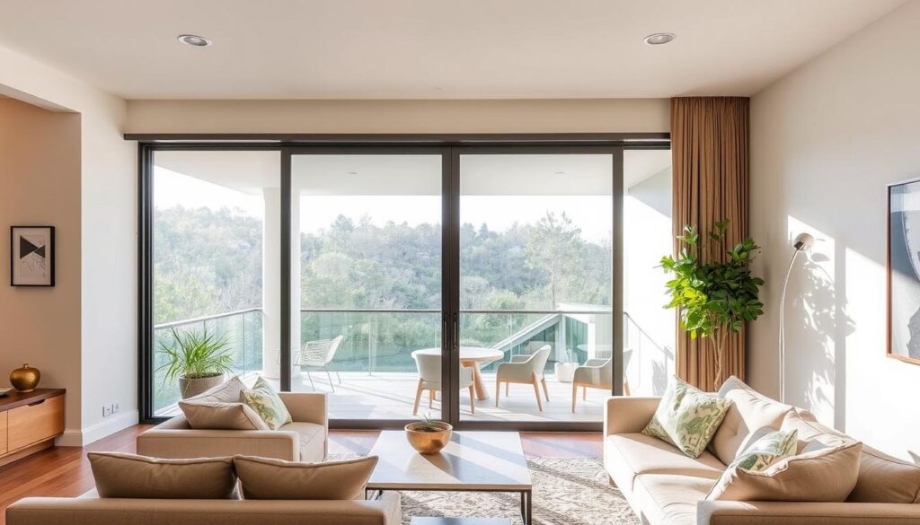 A bright, airy living room with a sleek, modern sliding glass door that seamlessly blends the indoor and outdoor spaces. The door's frameless design and clean lines create a sense of minimalist elegance, while the large glass panels allow ample natural light to flood the room. The door glides effortlessly on its track, providing a smooth and convenient access to the balcony or patio beyond. The room is furnished with a harmonious blend of contemporary furniture, neutral tones, and natural textures, creating a warm and inviting atmosphere. The sliding door serves as the centerpiece, showcasing the perfect integration of function and aesthetic in this stylish and sophisticated living space. A bright, airy living room with a sleek, modern sliding glass door that seamlessly blends the indoor and outdoor spaces. The door's frameless design and clean lines create a sense of minimalist elegance, while the large glass panels allow ample natural light to flood the room. The door glides effortlessly on its track, providing a smooth and convenient access to the balcony or patio beyond. The room is furnished with a harmonious blend of contemporary furniture, neutral tones, and natural textures, creating a warm and inviting atmosphere. The sliding door serves as the centerpiece, showcasing the perfect integration of function and aesthetic in this stylish and sophisticated living space.