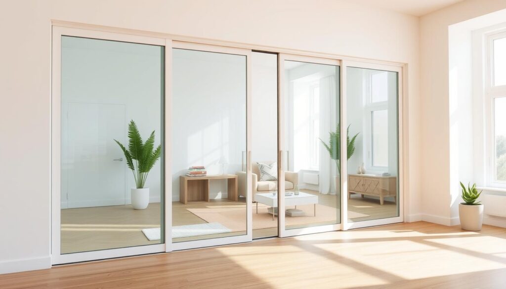 A bright, airy room with white sliding glass doors that seamlessly integrate into the wall. The doors are made of high-quality tempered glass panels, framed in sleek, minimalist aluminum trim. Soft, natural light filters in through the glass, creating a warm, inviting atmosphere. The doors glide open and closed effortlessly, offering a sense of spaciousness and flow between adjacent rooms. Elegant and versatile, these sliding doors are a perfect solution for maximizing space in any modern interior, from living rooms to home offices to bedrooms. A bright, airy room with white sliding glass doors that seamlessly integrate into the wall. The doors are made of high-quality tempered glass panels, framed in sleek, minimalist aluminum trim. Soft, natural light filters in through the glass, creating a warm, inviting atmosphere. The doors glide open and closed effortlessly, offering a sense of spaciousness and flow between adjacent rooms. Elegant and versatile, these sliding doors are a perfect solution for maximizing space in any modern interior, from living rooms to home offices to bedrooms.