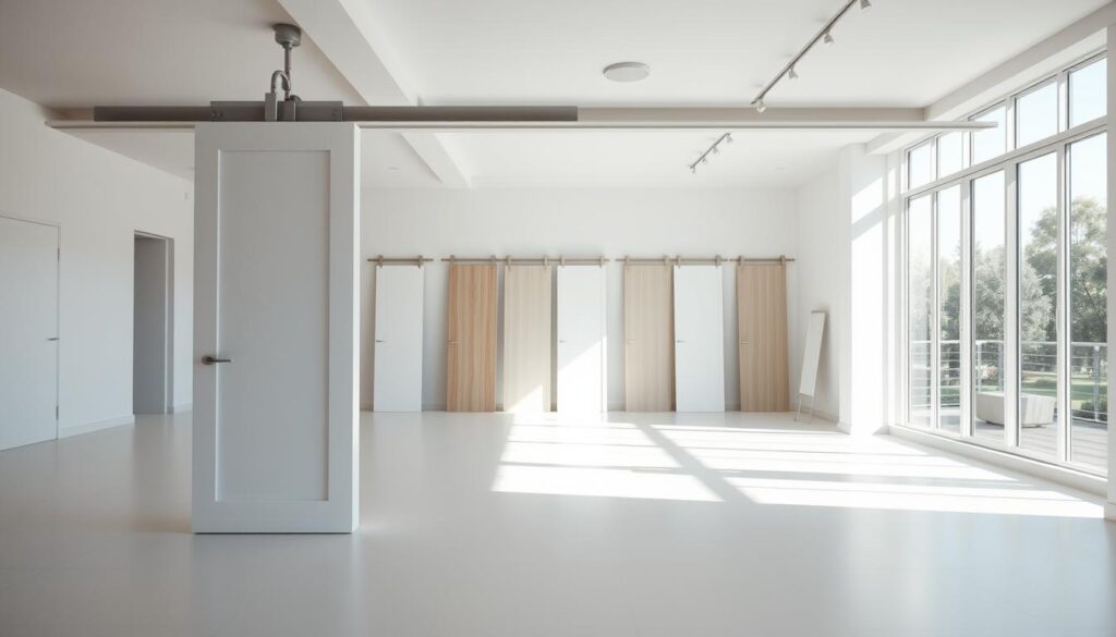 A bright, airy studio setting showcasing a sophisticated sliding door system. In the foreground, a sleek, minimalist white sliding door frame, its smooth, brushed metal hardware gleaming under soft, natural lighting. In the middle ground, an array of different sliding door styles and configurations, inviting the viewer to explore their options. The background features a crisp, clean-lined interior design, with large windows allowing ample natural light to flood the space, creating a sense of openness and tranquility. The overall atmosphere conveys a sense of quality, thoughtful design, and a desire to help the viewer find the perfect sliding door solution for their needs. A bright, airy studio setting showcasing a sophisticated sliding door system. In the foreground, a sleek, minimalist white sliding door frame, its smooth, brushed metal hardware gleaming under soft, natural lighting. In the middle ground, an array of different sliding door styles and configurations, inviting the viewer to explore their options. The background features a crisp, clean-lined interior design, with large windows allowing ample natural light to flood the space, creating a sense of openness and tranquility. The overall atmosphere conveys a sense of quality, thoughtful design, and a desire to help the viewer find the perfect sliding door solution for their needs.