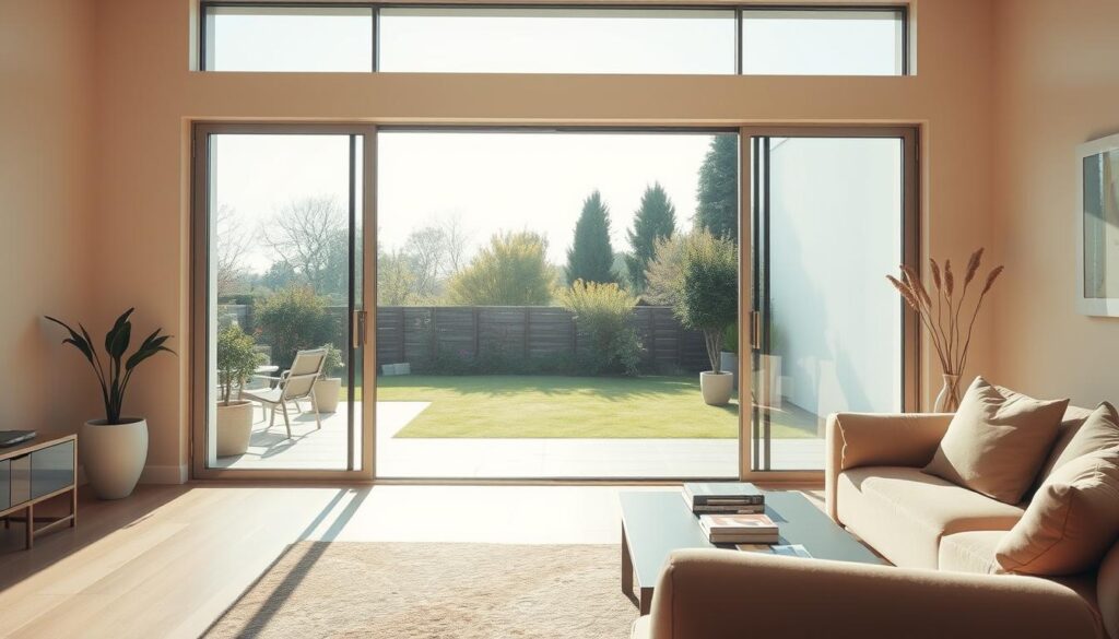 A bright and spacious living room with a modern sliding glass door system taking center stage. The frameless glass panels effortlessly glide open, seamlessly blending the indoor and outdoor spaces. Warm natural light floods the room, accentuating the high-quality materials and sleek design of the glass door. The minimalist aesthetic creates a harmonious and inviting atmosphere, perfect for relaxation and entertaining. The camera captures the sliding door from a slightly elevated angle, showcasing its functionality and the beautiful garden or terrace beyond. The overall scene conveys a sense of openness, sophistication, and the perfect balance between form and function. A bright and spacious living room with a modern sliding glass door system taking center stage. The frameless glass panels effortlessly glide open, seamlessly blending the indoor and outdoor spaces. Warm natural light floods the room, accentuating the high-quality materials and sleek design of the glass door. The minimalist aesthetic creates a harmonious and inviting atmosphere, perfect for relaxation and entertaining. The camera captures the sliding door from a slightly elevated angle, showcasing its functionality and the beautiful garden or terrace beyond. The overall scene conveys a sense of openness, sophistication, and the perfect balance between form and function.