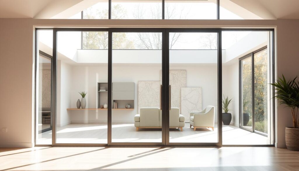 A bright and spacious room with large glass sliding doors, bathed in warm natural light. The sleek, frameless glass panels glide effortlessly on a premium, concealed track system, seamlessly blending interior and exterior spaces. The tempered, crystal-clear glass reflects the surrounding environment, creating a sense of openness and expansiveness. Subtle, minimalist hardware complements the modern aesthetic, while high-quality seals ensure smooth operation and exceptional thermal and acoustic insulation. This versatile, customizable solution adds a touch of sophistication to any living or work area, elevating the functionality and visual appeal of the space.