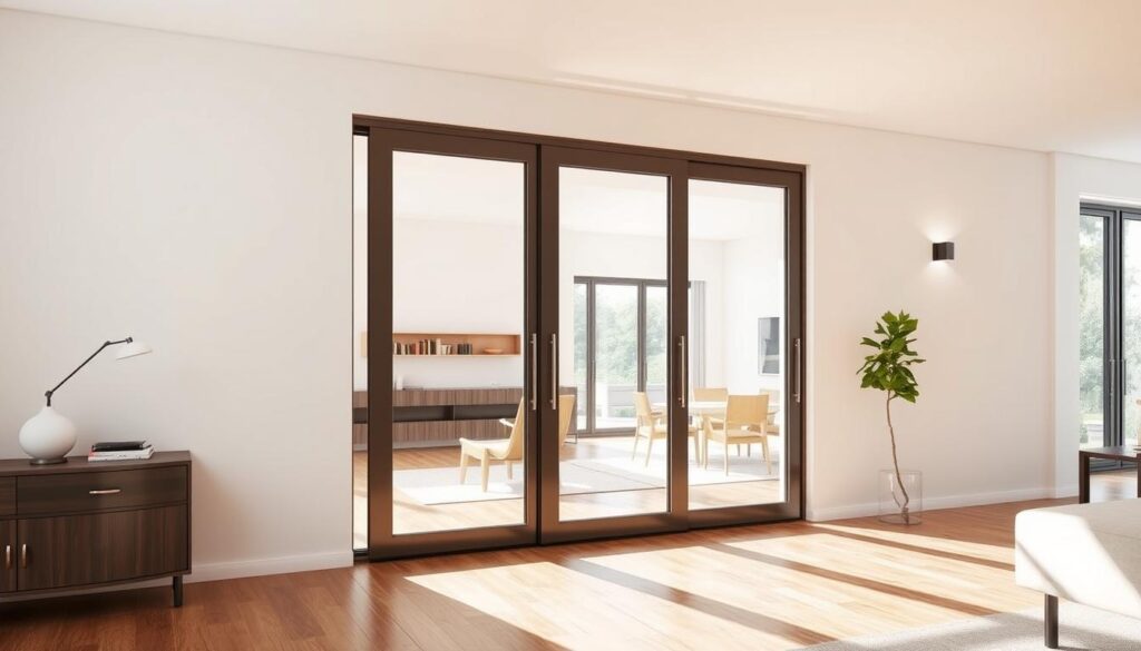 A bright, contemporary glass sliding door with a sleek, minimalist frame. The door panels are made of high-quality tempered glass, casting a warm, natural light into the living space. The sliding mechanism is seamless and effortless, allowing for easy, space-saving access. The door is set against a backdrop of a modern, open-concept interior with white walls, polished wood floors, and strategically placed lighting fixtures that enhance the room's elegant ambiance. The overall scene conveys a sense of tranquility, sophistication, and efficient use of space, perfectly capturing the essence of "Glasschiebetüren für modernes Wohnen: Licht, Design und Platzersparnis".