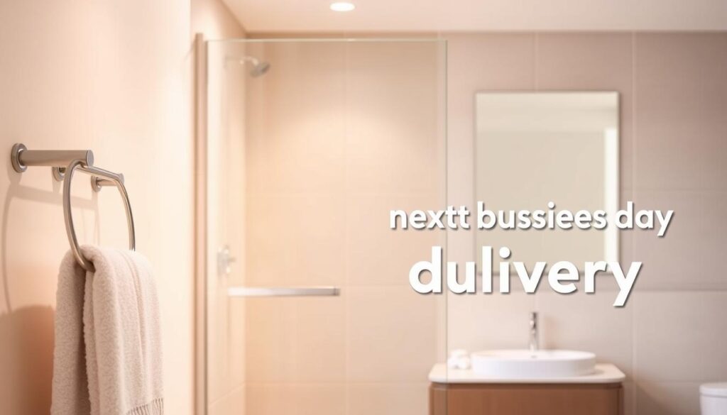 A bright, modern bathroom interior with a sleek, frameless glass shower enclosure taking center stage. The shower door appears to be made of high-quality tempered glass, its crystal-clear panels reflecting the warm, diffused lighting from above. In the foreground, a freshly laundered towel hangs neatly on a chrome towel bar, complementing the minimalist, spa-like aesthetic. The middle ground features a gleaming vanity with a modern sink and faucet, hinting at the superior craftsmanship and attention to detail. The background showcases a neutral, tiled wall, adding a clean, contemporary feel to the scene. The overall mood is one of tranquility, efficiency, and a touch of luxury, capturing the essence of the "next business day" delivery promise.