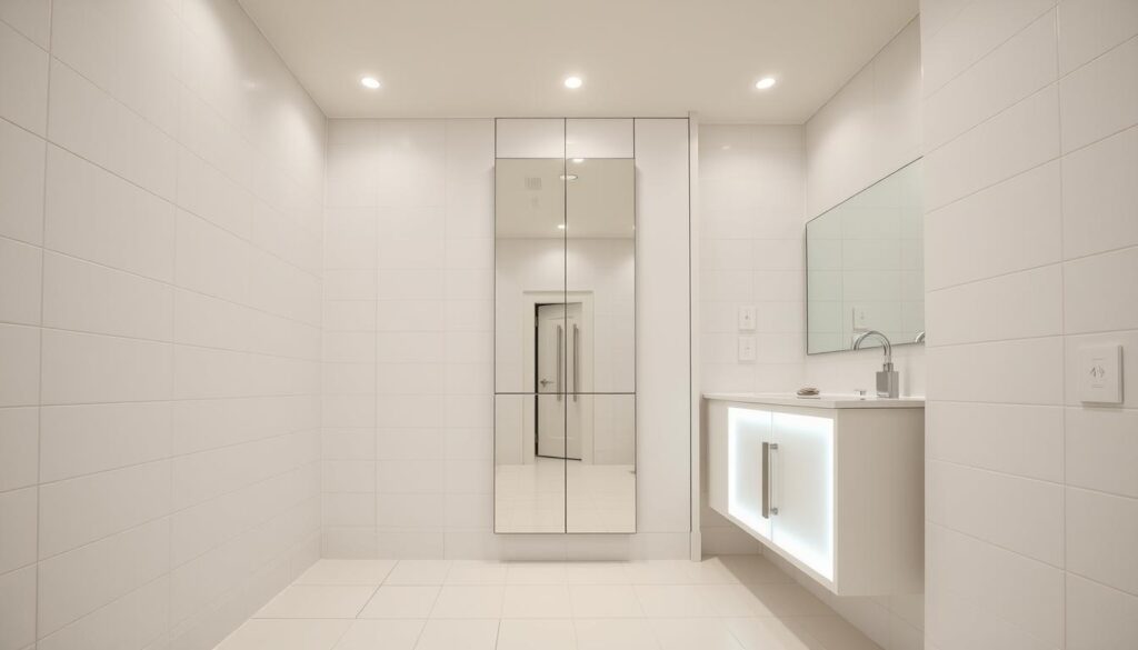 A bright, modern bathroom interior with clean, minimalist tiles covering the walls and floor. The lighting is a combination of recessed downlights and sleek vanity fixtures, creating a warm, inviting atmosphere. In the foreground, a built-in storage cabinet with mirrored doors blends seamlessly into the tiled surface, maximizing the sense of space and providing ample storage. The cabinet's clean lines and integrated lighting enhance the overall design aesthetic. In the background, a large, frameless mirror reflects the room, visually expanding the space. The overall mood is one of efficiency, simplicity, and a touch of luxury, perfectly suited for a small bathroom.
