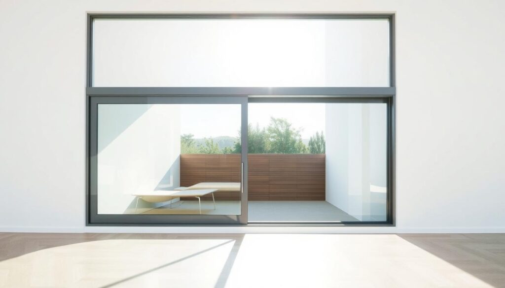 A bright, modern glass sliding door system mounted on a minimalist white wall. The tempered glass panels glide effortlessly, creating a seamless transition between indoor and outdoor spaces. Sunlight streams through the transparent surface, casting a warm, inviting glow. The sleek, anodized aluminum frame accents the glass, complementing the overall minimalist aesthetic. The installation is expertly executed, with the sliding mechanism discreetly integrated into the wall, allowing for a clean, uninterrupted visual experience. The scene evokes a sense of spaciousness and elegant simplicity, perfectly suited for the "Montageoptionen Ihrer Glastür: Wand oder Decke" section.