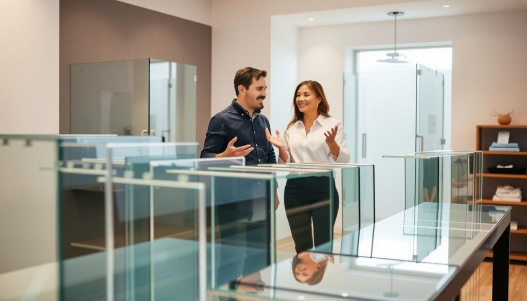 A bright, modern interior with a welcoming consultation area. In the foreground, a sleek glass display showcases an assortment of glass shower door samples, their surfaces gleaming under the gentle studio lighting. In the middle ground, a knowledgeable sales associate gestures animatedly, guiding a couple through the selection process, their faces alight with interest. Behind them, the background features a minimalist showroom space, with clean lines and a neutral color palette that allows the glass products to take center stage. The overall atmosphere is one of professionalism, expertise, and the promise of a tailored, high-quality solution for the couple's bathroom needs. A bright, modern interior with a welcoming consultation area. In the foreground, a sleek glass display showcases an assortment of glass shower door samples, their surfaces gleaming under the gentle studio lighting. In the middle ground, a knowledgeable sales associate gestures animatedly, guiding a couple through the selection process, their faces alight with interest. Behind them, the background features a minimalist showroom space, with clean lines and a neutral color palette that allows the glass products to take center stage. The overall atmosphere is one of professionalism, expertise, and the promise of a tailored, high-quality solution for the couple's bathroom needs.