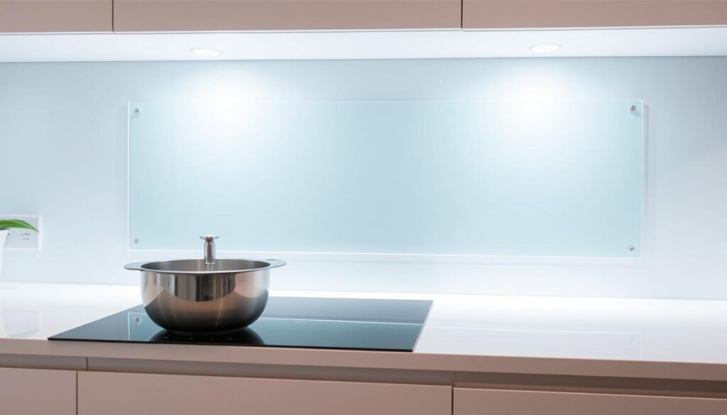 A bright, modern kitchen countertop with a clear glass splash guard installed without drilling. The splash guard has a sleek, frameless design that seamlessly blends into the kitchen's decor. Soft, diffused lighting illuminates the scene, highlighting the glass's crystal-clear transparency and the smooth, polished countertop surface. The layout suggests an easy, tool-free installation process, with no visible screws or mounting hardware. The overall atmosphere conveys a sense of effortless, high-quality functionality that complements the kitchen's stylish aesthetic. A bright, modern kitchen countertop with a clear glass splash guard installed without drilling. The splash guard has a sleek, frameless design that seamlessly blends into the kitchen's decor. Soft, diffused lighting illuminates the scene, highlighting the glass's crystal-clear transparency and the smooth, polished countertop surface. The layout suggests an easy, tool-free installation process, with no visible screws or mounting hardware. The overall atmosphere conveys a sense of effortless, high-quality functionality that complements the kitchen's stylish aesthetic.