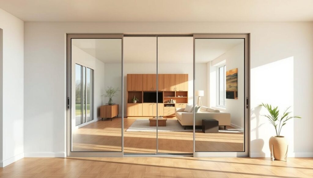 A bright, modern open-plan living space with a large glass sliding door, showcasing a seamless transition between the interior and exterior. The door's clean, minimalist design features sleek aluminum frames and high-quality tempered glass panels, allowing abundant natural light to flood the room. The door is integrated harmoniously into the neutral-toned décor, complementing the warm wood accents and minimalist furnishings. Soft, even lighting illuminates the space, creating a serene, calming atmosphere. The sliding door's effortless operation and smooth glide mechanism highlight its practical functionality within the comfortable, contemporary living environment.