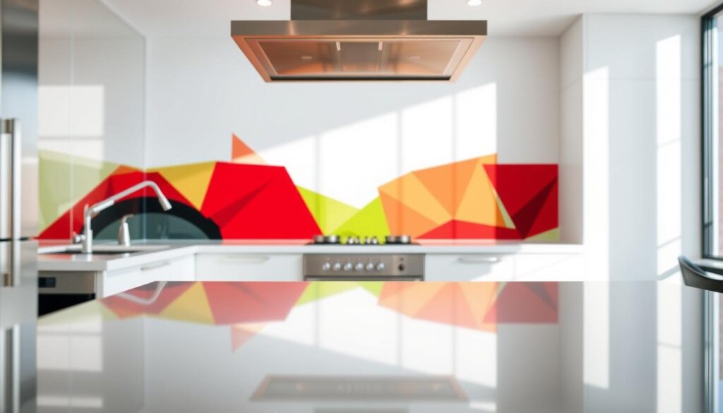 A brightly lit kitchen with a sleek glass backsplash that showcases a striking abstract motif. The design features bold, geometric shapes in a vibrant color palette, ranging from deep crimson to vivid chartreuse. The glass surface has a smooth, glossy finish that reflects the natural light, creating a sense of depth and movement. The backsplash dominates the foreground, while the middle ground features a modern, minimalist kitchen with clean lines and stainless steel appliances. The background is blurred, drawing the viewer's attention to the captivating motif. The overall atmosphere is one of contemporary sophistication and personalized style.