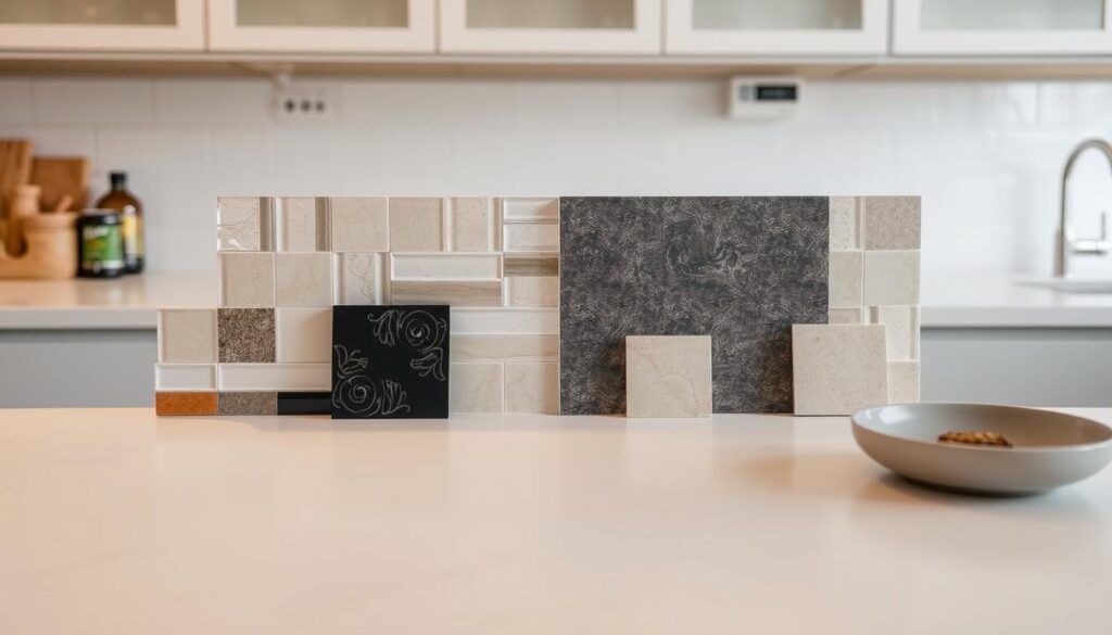 A carefully curated display of various kitchen backsplash material samples, meticulously arranged on a clean, minimalist table with neutral tones. The samples include a diverse range of glass, tile, and natural stone options, showcasing the breadth of customizable solutions available. Soft, even lighting illuminates the textures and colors, allowing the viewer to appreciate the tactile and aesthetic qualities of each material. The overall composition exudes a sense of professionalism, attention to detail, and a commitment to providing personalized design options for the kitchen. The scene conveys a welcoming and consultative atmosphere, inviting the viewer to explore the possibilities for their own kitchen space.