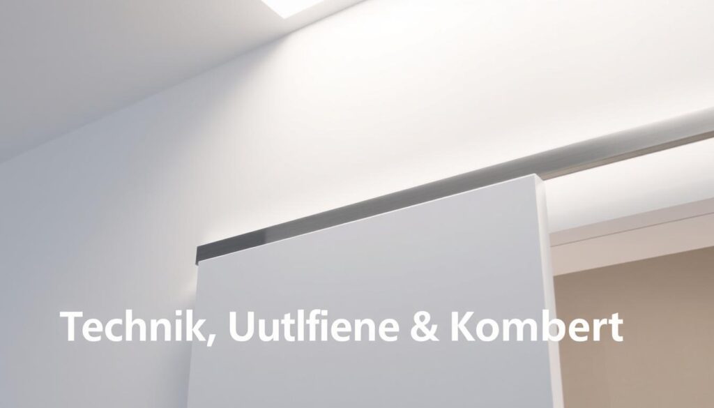 A clean, modern sliding door system with a sleek aluminum track and a smooth-gliding mechanism. The track is mounted on the wall, allowing for a seamless integration into the interior design. The door moves effortlessly along the track, creating a sense of sophisticated simplicity. Soft, diffused lighting from above illuminates the scene, highlighting the high-quality materials and meticulous craftsmanship. The minimalist aesthetic and attention to detail convey a sense of quality, comfort, and technical precision, perfectly complementing the "Technik, Qualität & Komfort" theme of the article.