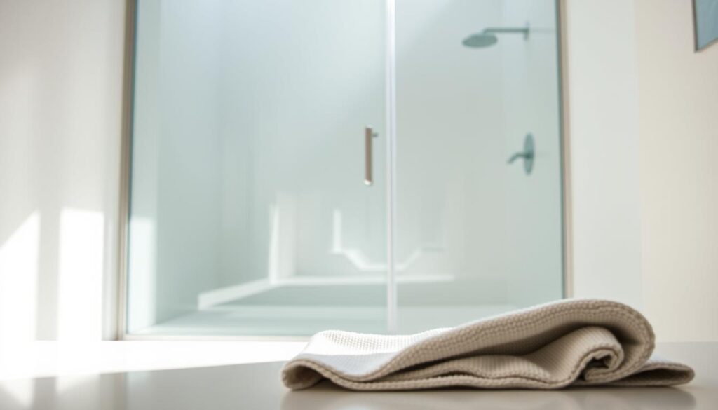 A clean, well-organized bathroom with a sleek, frameless glass shower enclosure taking center stage. The shower door gleams as soft, natural light filters in, illuminating the pristine space. Reflective surfaces create a sense of depth and elegance. In the foreground, a microfiber cloth lies ready to wipe down the glass, keeping it spotless. The overall mood is one of tranquility and attention to detail, perfectly capturing the essence of "Konfiguration Reinigung" for this luxury shower solution.