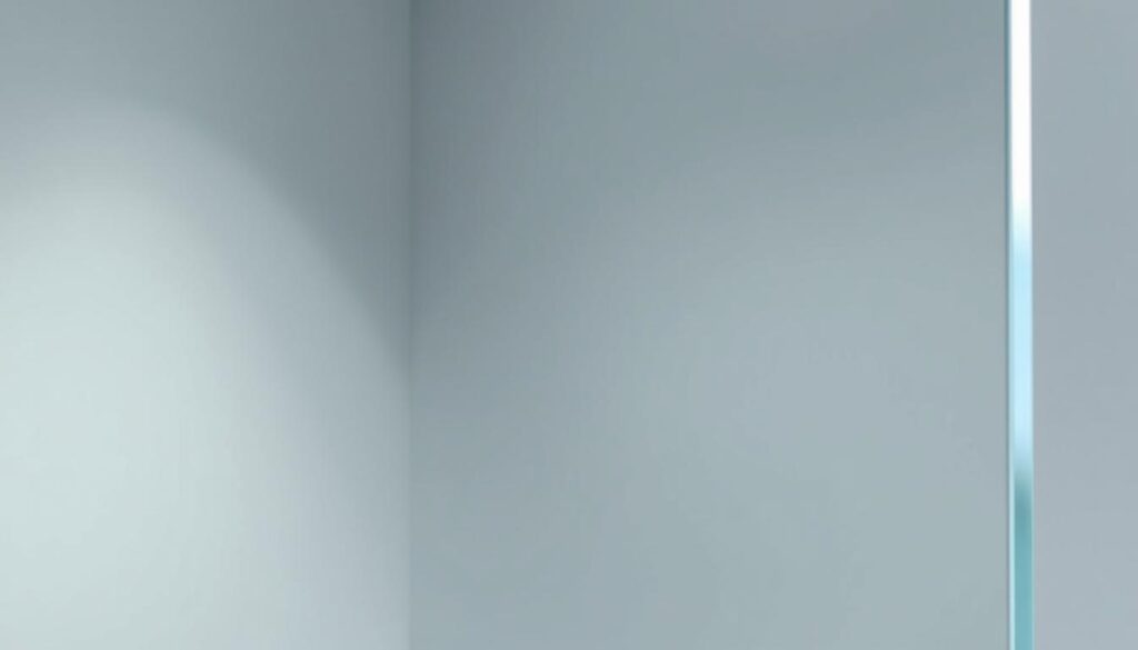 A close-up, high-detail rendering of a clear, tempered glass panel, known as einscheibensicherheitsglas (ESG). The glass appears smooth and flawless, with a slight distortion effect to suggest its transparency. The lighting is soft and diffused, creating a clean, minimalist aesthetic. The background is a muted, neutral tone, allowing the glass to be the central focus. The image should convey the strength, durability, and clarity of the ESG material, suitable for use in high-quality shower enclosures and partitions. A close-up, high-detail rendering of a clear, tempered glass panel, known as einscheibensicherheitsglas (ESG). The glass appears smooth and flawless, with a slight distortion effect to suggest its transparency. The lighting is soft and diffused, creating a clean, minimalist aesthetic. The background is a muted, neutral tone, allowing the glass to be the central focus. The image should convey the strength, durability, and clarity of the ESG material, suitable for use in high-quality shower enclosures and partitions.