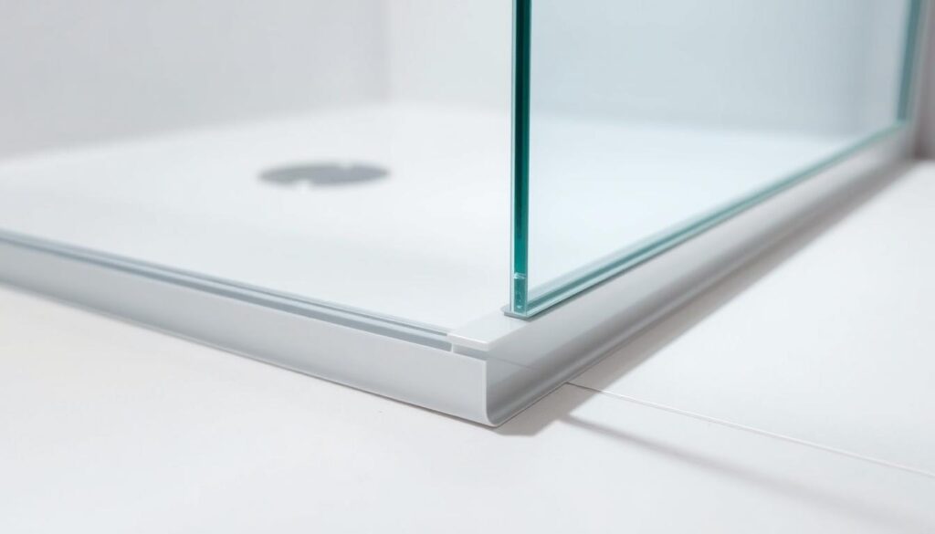 A close-up view of a glass shower door's bottom seal, showcasing a sleek, transparent silicone gasket with a discreet drip lip. The seal is meticulously installed, creating an effective water barrier between the shower and the bathroom floor. The lighting is soft and diffused, highlighting the material's smooth texture and glossy finish. The angle is slightly elevated, providing a detailed perspective on the seal's precision-engineered design, perfectly suited to maintain a watertight seal and prevent any leaks or drips. The overall mood is one of thoughtful engineering and reliable functionality, reflecting the section's focus on "Unterkanten-Dichtungen mit Abtropfleiste: effektive Abdichtung am Boden".