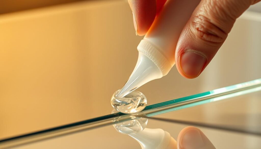 A close-up view of a hand applying a generous amount of clear, viscous montage glue onto a smooth, glass surface. The glue glistens under the warm, directional lighting, creating a sense of tactility and movement. The background is softly blurred, placing the focus entirely on the act of bonding the glass pane to the surface. The composition is crisp and well-balanced, showcasing the effortless application of the adhesive in a manner that reflects the "easy installation" theme of the section. The overall mood is one of precision, craftsmanship, and the satisfaction of a task well done.