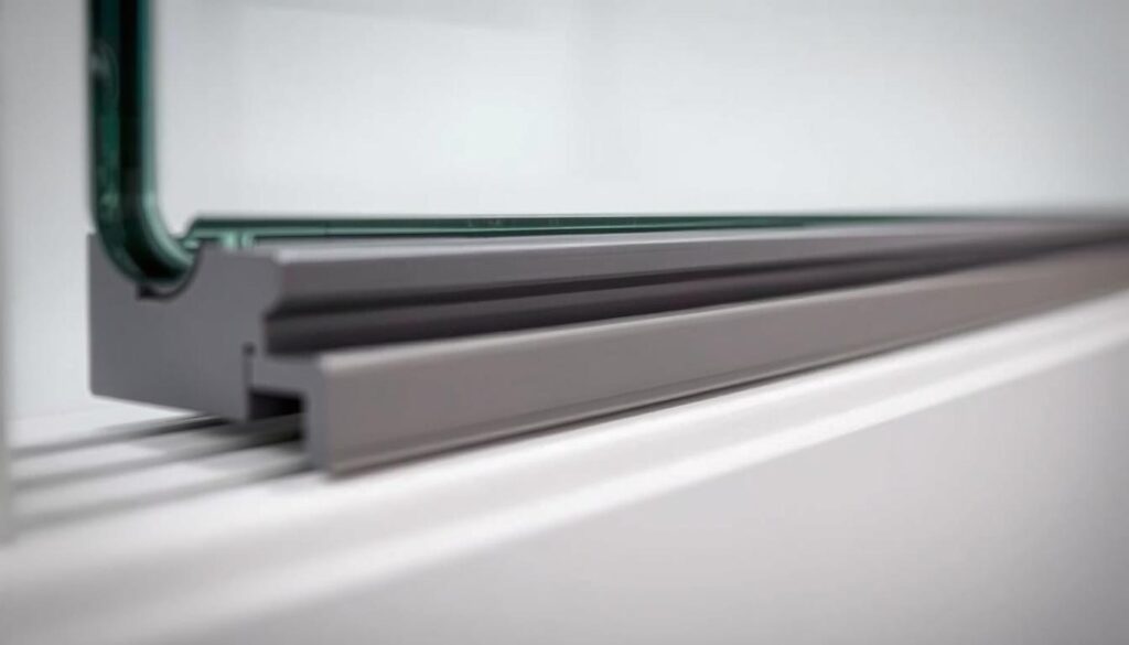 A close-up view of a horizontal sliding door seal, or "Schiebetür-Dichtung," showcasing its sleek, low-profile design. The seal appears to be made of a flexible, weatherproof material, likely rubber or silicone, with a flat, unobtrusive shape that blends seamlessly with the glass door frame. The lighting is soft and even, accentuating the subtle texture and translucency of the seal. The camera angle captures the seal's precise fit and seamless integration, highlighting the attention to detail and the importance of this component in maintaining a tight, energy-efficient seal for a glass shower door. A close-up view of a horizontal sliding door seal, or "Schiebetür-Dichtung," showcasing its sleek, low-profile design. The seal appears to be made of a flexible, weatherproof material, likely rubber or silicone, with a flat, unobtrusive shape that blends seamlessly with the glass door frame. The lighting is soft and even, accentuating the subtle texture and translucency of the seal. The camera angle captures the seal's precise fit and seamless integration, highlighting the attention to detail and the importance of this component in maintaining a tight, energy-efficient seal for a glass shower door.