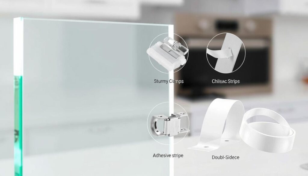 A close-up view of a montage of various glass splash guard installation methods, showcasing the ease of DIY setup. In the foreground, a clean and minimalist glass panel, glistening under soft, diffused lighting. In the middle ground, a selection of installation accessories - sturdy metal clamps, clear adhesive strips, and discreet double-sided tape - arranged neatly. The background fades into a subtly blurred, neutral palette, allowing the products to take center stage. The overall composition conveys a sense of simplicity, functionality, and the effortless integration of the glass splash guard into the modern kitchen environment.