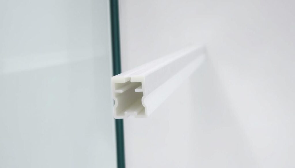 A close-up view of a shower door seal, or "duschdichtung," presented against a clean, minimalist background. The seal is made of high-quality, flexible rubber, designed to create a watertight barrier between the shower enclosure and the rest of the bathroom. The profile features a distinctive shape with a central channel and flanking ridges, optimized for a secure, leak-proof fit. The surface has a smooth, matte finish, ensuring a sleek, modern aesthetic. Soft, even lighting illuminates the seal, highlighting its texture and color, which may range from transparent to a subtle gray or white tone. The camera angle emphasizes the seal's placement and role, conveying its functional importance in the overall design of the shower door system.