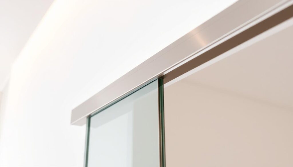 A close-up view of a sleek, modern sliding door track, known as a "laufschiene" in German. The track is made of polished stainless steel, reflecting the warm lighting overhead. The surface is smooth and seamless, with precise engineering evident in the tight tolerances and clean lines. The track is mounted flush against a stark white wall, creating a minimalist, high-end aesthetic that would complement a premium glass door system. The lighting casts soft shadows, emphasizing the depth and contours of the track, while also illuminating the surrounding environment to create a sense of elegant simplicity and functional design. A close-up view of a sleek, modern sliding door track, known as a "laufschiene" in German. The track is made of polished stainless steel, reflecting the warm lighting overhead. The surface is smooth and seamless, with precise engineering evident in the tight tolerances and clean lines. The track is mounted flush against a stark white wall, creating a minimalist, high-end aesthetic that would complement a premium glass door system. The lighting casts soft shadows, emphasizing the depth and contours of the track, while also illuminating the surrounding environment to create a sense of elegant simplicity and functional design.