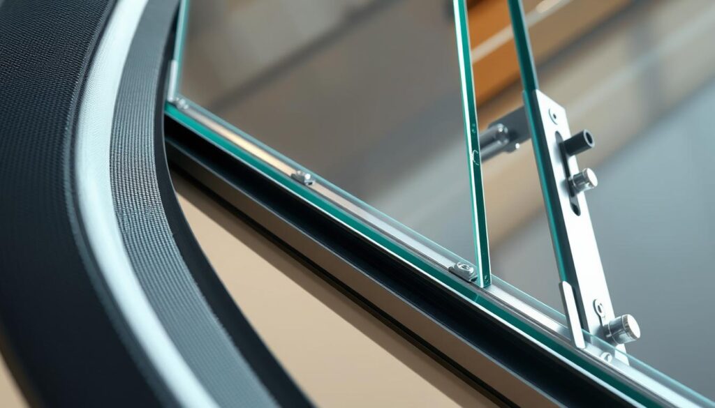 A close-up view of the intricate mechanisms and materials that comprise a high-quality sound insulation system. In the foreground, a detailed rendering of weatherstripping and seals, their textured surfaces and resilient materials evident. In the middle ground, the tempered glass panels of a sliding door system, their transparent yet soundproofing properties on display. In the background, the gleaming metal hinges and rollers that enable the smooth, whisper-quiet operation of the door. Crisp lighting illuminates every component, highlighting the precision engineering and attention to acoustic performance. An immersive, technical depiction of the invisible yet essential "sound-stopping technology" that makes personalized glass door solutions effective.