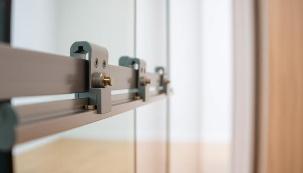 A close-up view of the technical components of a sliding glass door mechanism, showcasing the intricate inner workings. The foreground features the smooth-running track system, with metal rails and rollers gliding effortlessly. The middle ground highlights the sturdy, high-quality hardware, including the durable hinges, pulleys, and locking mechanisms that ensure seamless operation. The background blurs into a clean, minimalist environment, emphasizing the precision engineering and attention to detail. Soft, diffused lighting accentuates the metallic finishes and creates a sense of sophistication. The overall composition conveys the reliable performance and premium construction of the sliding door system. A close-up view of the technical components of a sliding glass door mechanism, showcasing the intricate inner workings. The foreground features the smooth-running track system, with metal rails and rollers gliding effortlessly. The middle ground highlights the sturdy, high-quality hardware, including the durable hinges, pulleys, and locking mechanisms that ensure seamless operation. The background blurs into a clean, minimalist environment, emphasizing the precision engineering and attention to detail. Soft, diffused lighting accentuates the metallic finishes and creates a sense of sophistication. The overall composition conveys the reliable performance and premium construction of the sliding door system.