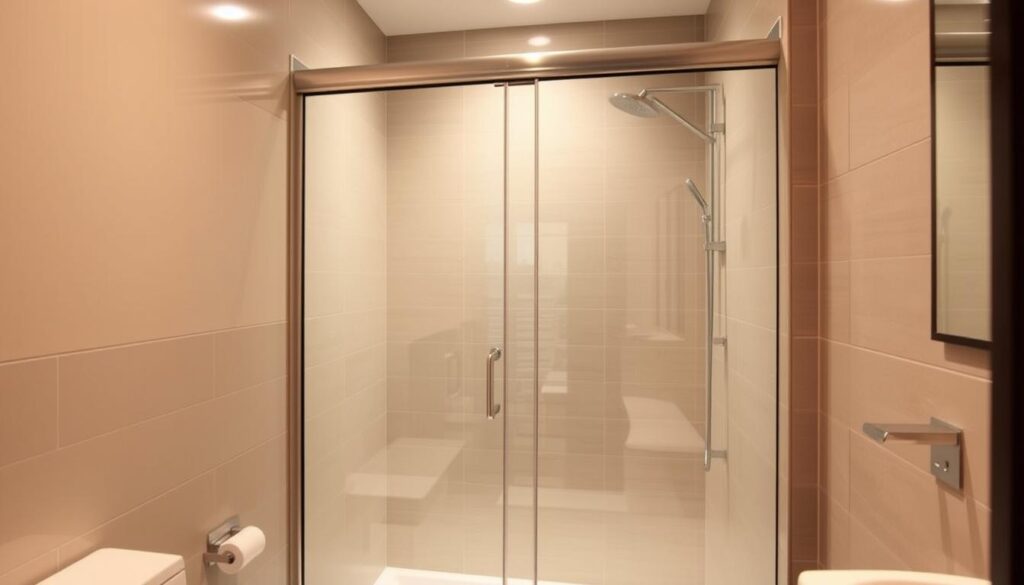 A compact bathroom with a sleek, frameless glass shower enclosure taking center stage. The door slides effortlessly on a minimalist track system, maximizing the available floor space. Soft, warm lighting illuminates the room, creating a soothing atmosphere. The glass panels reflect the tiled walls, giving the illusion of depth and openness. Attention to detail is evident in the seamless integration of the shower into the overall design. The shower door's clean lines and unobtrusive hardware complement the room's contemporary aesthetic, making it a stylish and practical solution for a small bathroom.