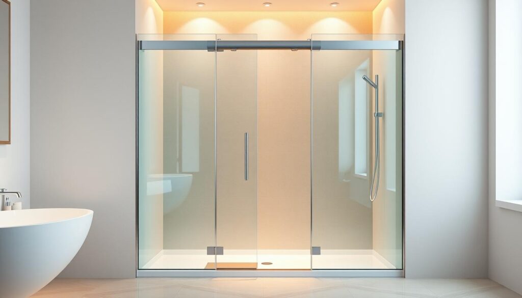 A contemporary 180° hinged glass shower enclosure, featuring a sleek, frameless design and seamless integration with the bathroom space. The enclosure is constructed with high-quality tempered glass panels that pivot open effortlessly on sturdy metal hinges, allowing for a wide, unobstructed entry. Precise engineering ensures a smooth, whisper-quiet motion, with the ability to fold the panels flat against the wall when not in use, maximizing available floor space. Bright, warm lighting casts a soft, inviting glow, highlighting the clarity and purity of the glass. The enclosure is positioned in a minimalist, spa-like bathroom setting, with clean, neutral tiles and fixtures that complement the modern aesthetic. An embodiment of both form and function, this 180° faltwand design offers unparalleled accessibility and convenience for the user.