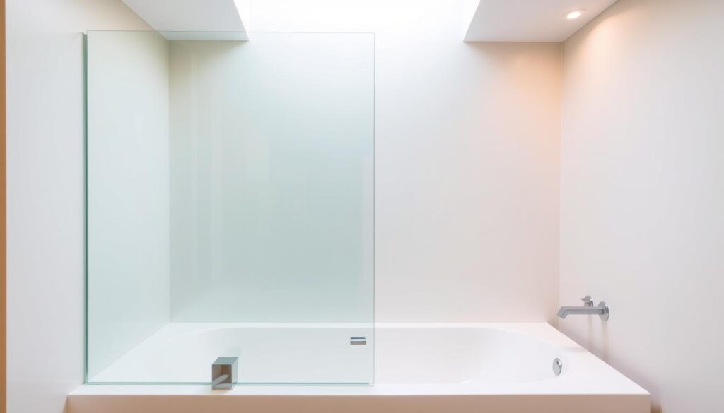 A contemporary glass shower enclosure for a bathtub, featuring a minimalist, frameless design with a sleek, transparent panel. The enclosure is mounted securely on the bathtub's edge, creating a seamless, high-end appearance. Warm, natural lighting from above casts a soft glow, highlighting the glass's crystalline clarity and the elegant curves of the tub. The overall aesthetic is one of understated sophistication, making this shower enclosure a centerpiece of the modern bathroom.
