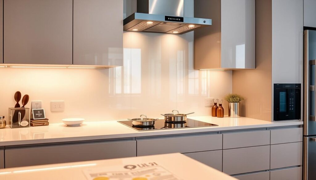 A contemporary kitchen setting with a sleek, custom-made glass backsplash, meticulously crafted to the exact dimensions of the cooking area. The glass surface reflects the warm, ambient lighting, creating a sense of depth and luminosity. The backsplash seamlessly integrates with the modern cabinetry and stainless-steel appliances, showcasing the harmonious blend of form and function. Precise German engineering ensures a flawless installation, elevating the overall aesthetic and practical value of the kitchen. The scene conveys a sense of sophistication, attention to detail, and the integration of high-quality materials to create a truly bespoke, high-end cooking environment.